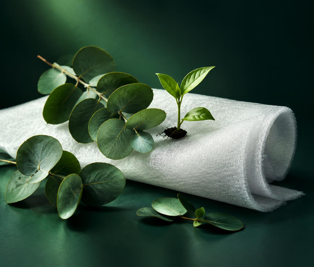 Imagem ilustrativa de sustentabilidade: broto verde e folhas sobre espuma de embalagem